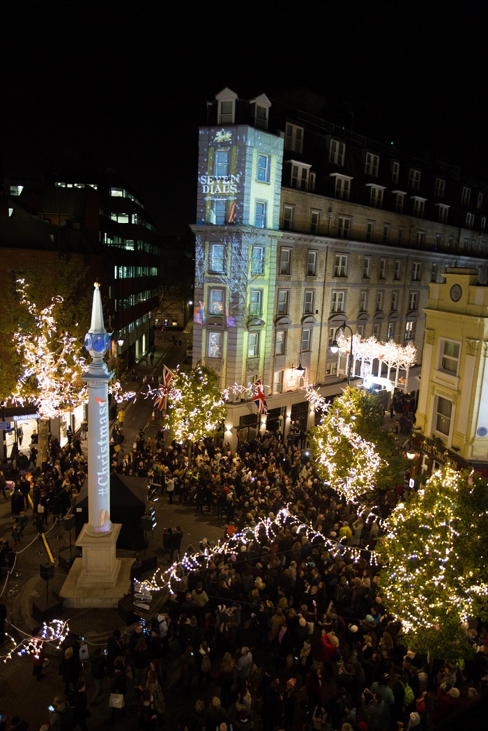 EDITORIAL USE ONLY Crowds gather in preparation for the woodland themed Seven Dials Christmas lights switch on that features 250 twinkling Christmas animals, and coincides with an exclusive traffic free festive shopping event, in London. PRESS ASSOCIATION Photo. Picture date: Thursday November 17, 2016. Designed by James Glancy Design, the Christmas light installation consists of 190 silver birch trees with sparkling LED branch lights, and inhabits a stag, polar bear, brown bear, foxes, arctic wolf, badger, squirrels, rabbits, hedgehogs, owl, robins and blue-tits. Photo credit should read: David Parry/PA Wire