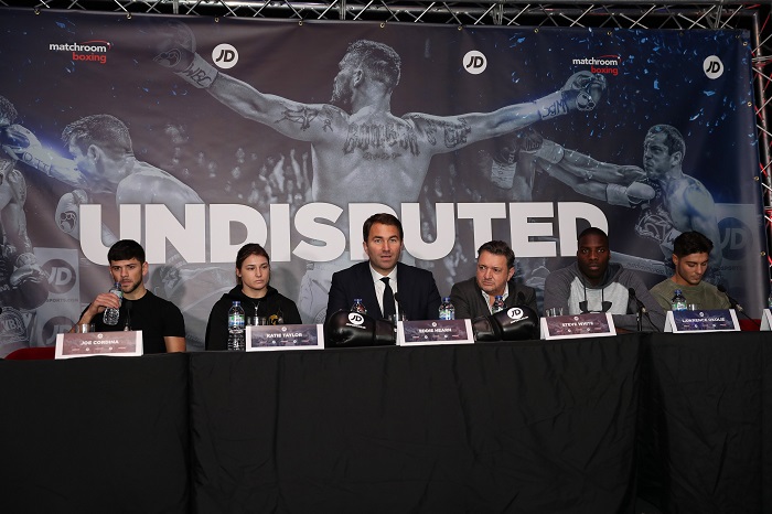 O2 BOXING PRESS CONFERENCE 02,LONDON PIC;LAWRENCE LUSTIG MATCHROOMS EDDIE HEARN ANNOUNCES A NEW SPONSORSHIP DEAL WITH STEVE WHITE OF JD SPORTS AND BOXERS JOEY CORDINA,KATIE TAYLOR,LAWRENCE OKOLI E AND JOSH KELLY