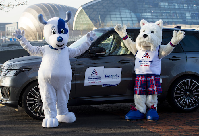 27/02/19 CROWNE PLAZA - GLASGOW Scottee the Scottie Dog and Taggarts' Lucky the Dog are on hand to show their excitement ahead of the 2019 European Indoor Championships